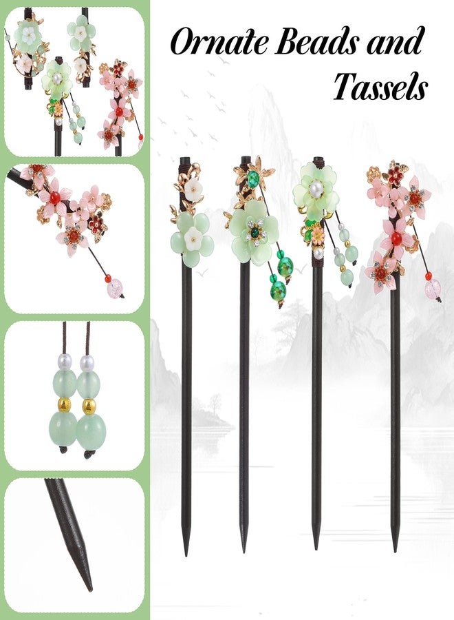 ValueBargain Japanese Hair Pin, 4 Pcs Japanese Hair Stick, 7" Asian Hairs Accessories with Flower Bead Pendants Vintage Tassel for Long Thick Hairstyle Bun, (Multi-colored) - Image 2